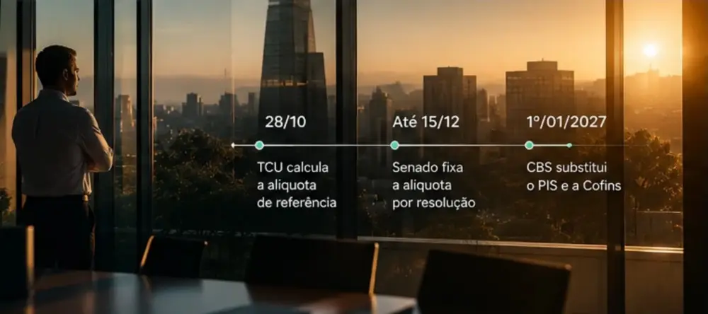 Comparação visual: PIS/Cofins hoje 9,25% em uma caixa cinza e CBS 2027 11,3% em uma caixa verde-água